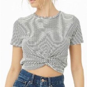 Striped twist-front black and white crop top